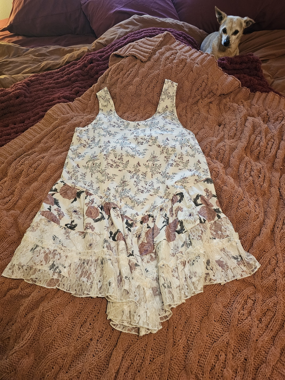 Floral Lace Tiered Mini Dress in Cream and Dusty Rose
